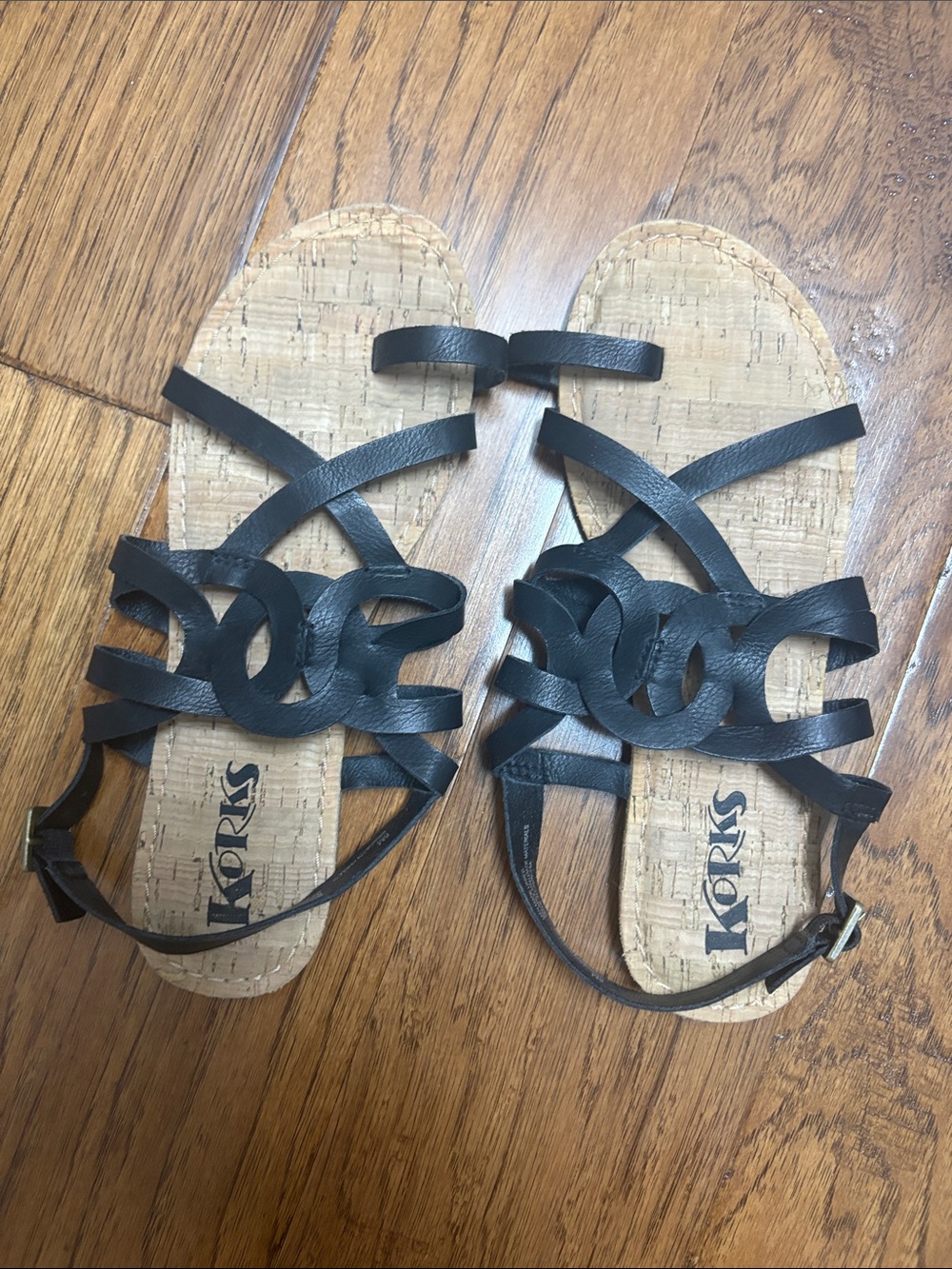 Korks Black Leather Cork-Effect Strappy Sandals